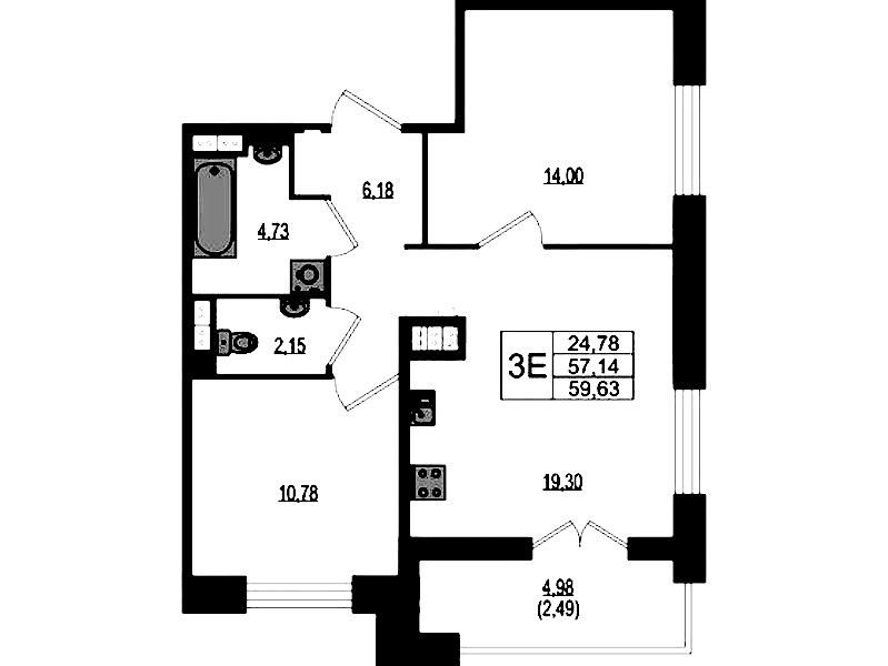2-комнатная квартира 59.63 м², 3/4 эт., ЖК «Ranta Residence»